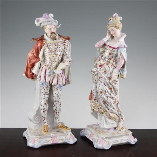 A pair of large German porcelain figures of a nobleman and his companion, late 19th century, 38cm.